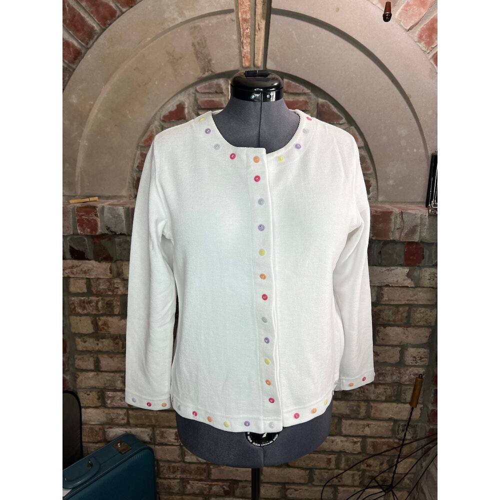 cardigan sweater pastel button detail white pink purple yellow